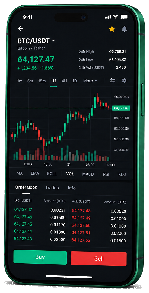 Dauw Vermobeek mobile trading platform — live BTC/USDT chart, order book and buy/sell interface